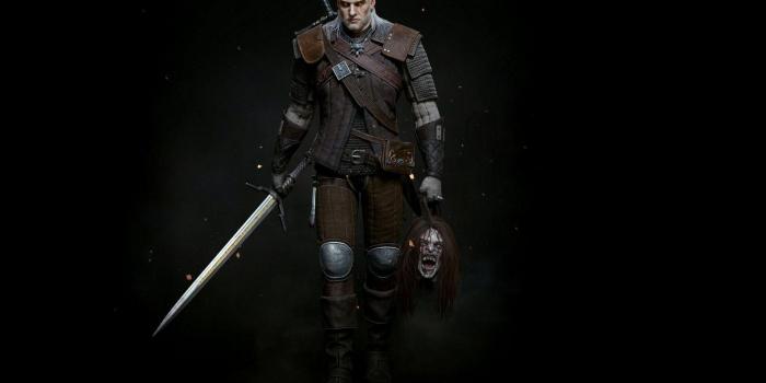 1332x850 Wallpaper Swords, Black background, Geralt of Rivia, Gwynbleidd