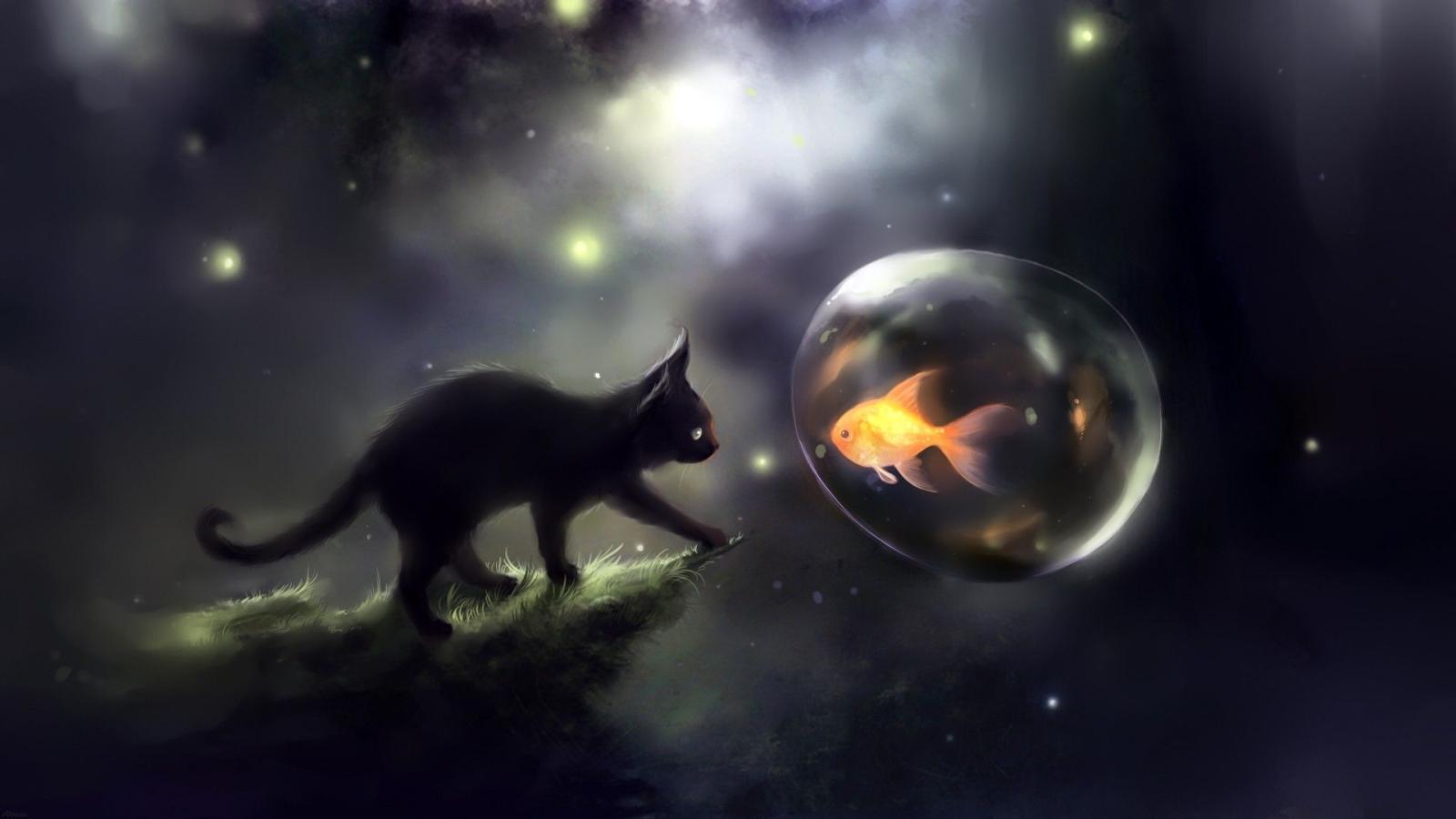 1920x1080 Download desktop wallpaper Black cat and goldfish, pattern wallpaper