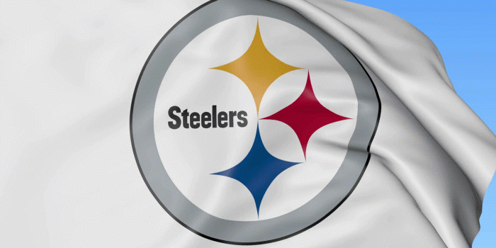 1920x1080 Close-up of waving flag with Pittsburgh Steelers NFL American football team  logo, seamless loop, blue background. Editorial animation. 4K Stock Video 