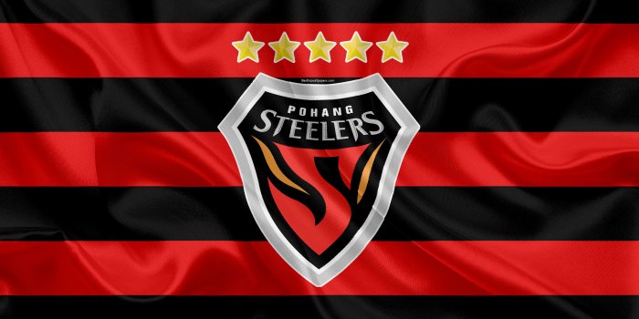 3840x2400 Download wallpapers Pohang Steelers FC, silk flag, 4k, logo, emblem