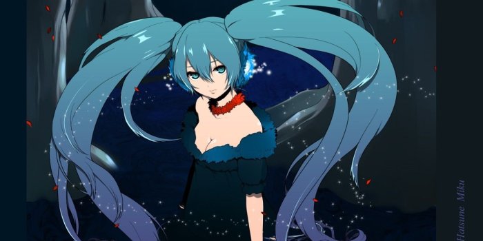 1332x850 Wallpaper the dark background, neckline, fur, vocaloid, Hatsune Miku
