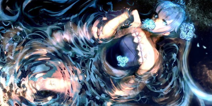 3507x2480 water, dark, Vocaloid, dress, flowers, Hatsune Miku, blue eyes, long