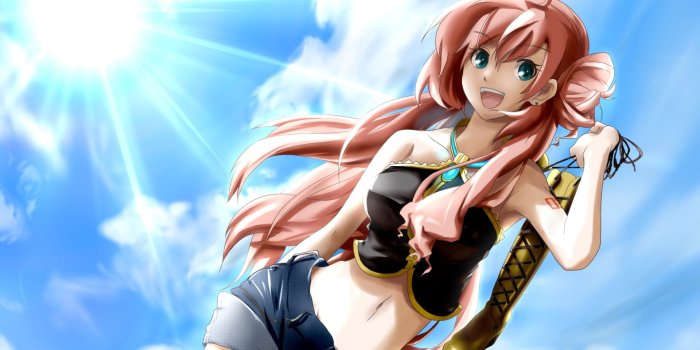 1920x1080 Woman wearing black crop top and blue shorts anime character HD