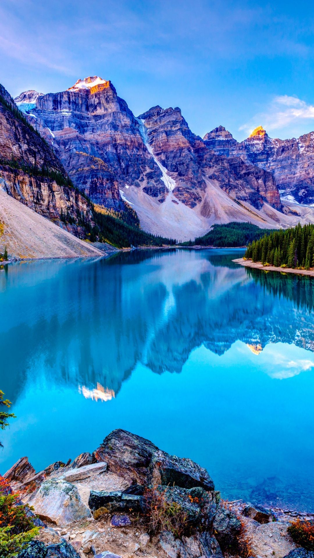 1080x1920 Download HD Mountains Sky Blue Lake Reflection Clouds Wallpaper