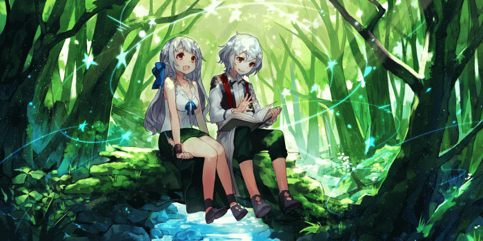 1600x842 Wallpaper Anime Twins, Girl And Boy, Forest, Reading A Book
