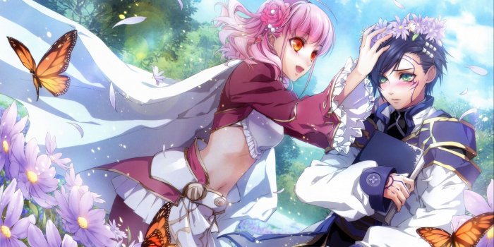 3840x2160 Wallpaper 4k anime, boy, girl, flowers, wreath, butterfly 4k Anime