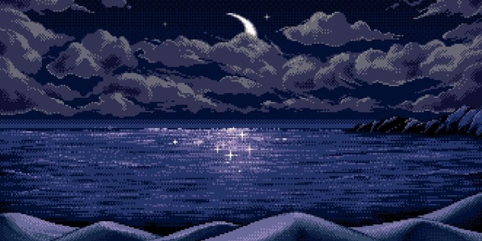 1920x1200 digital Art, Pixel Art, Pixels, Moon, Horizon, Blue, Reflection