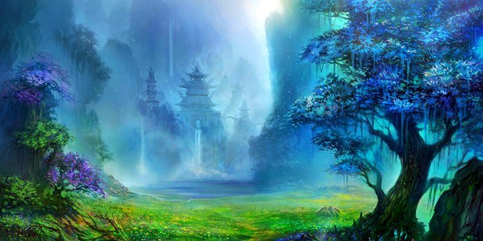 2560x1600 fantasy Art, Pagoda, Asian Architecture, Trees, Waterfall, Artwork