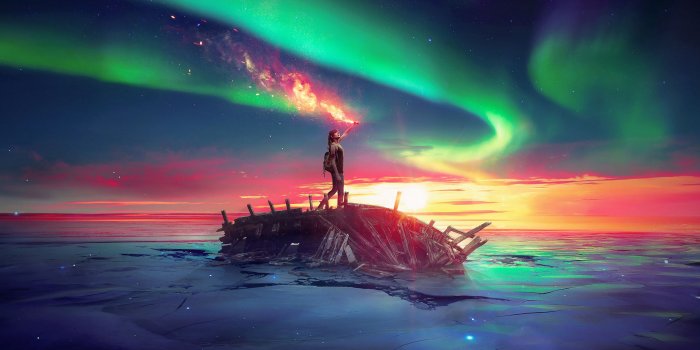 3840x2400 Download wallpaper 3840x2400 northern lights, photoshop, girl, ruins