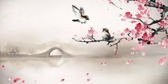 1920x1080 Art asian oriental flowers blossom bridges wallpaper | 1920x1080