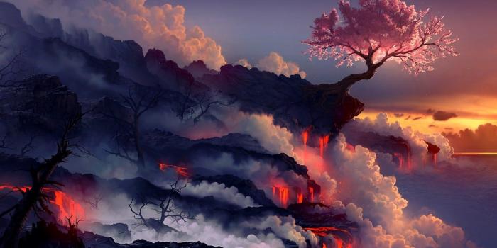 1680x1050 landscapes trees lava digital art cherry tree / 1680x1050 Wallpaper