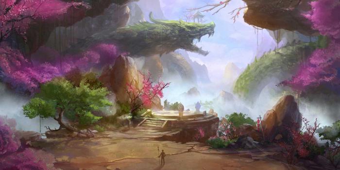 1920x1200 Fantasy Landscape Cherry Blossom Forest Dragon Art Wallpapers | Free