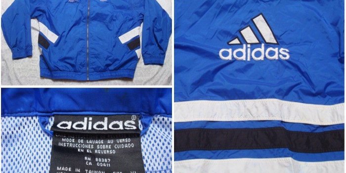 1024x768 Vintage Men's 90's Adidas Jacket Blue White Three Stripes Logo Spell Out  Full Zip Windbreaker XL