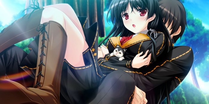 1920x1200 Download wallpaper 1920x1200 boy, girl, brunette, capture, cat