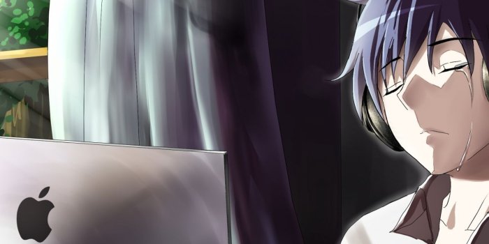 1280x1024 1280x1024 Anime Boy Crying In Front Of Apple Laptop 1280x1024