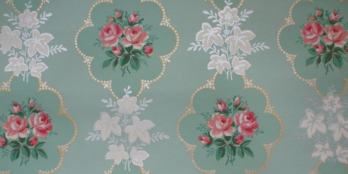 1500x1000 1940s Pink Rose vintage wallpaper on mint green background | Vintage