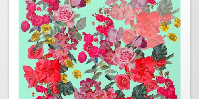 1500x1500 Antique Vintage Floral with Mint Green/Seafoam Background Art Print