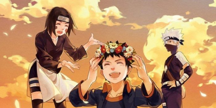 748x1061 artwork, Nohara Rin, Hatake Kakashi, Uchiha Obito, Flowers, Anime