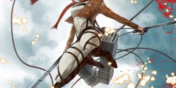 748x1126 brunette, Jarreau Wimberly, Attack on Titans, Sword, Wires, Sky