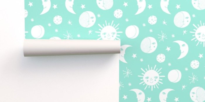1024x1024 sun moon stars // bright mint on Isobar by andrea_lauren | Roostery