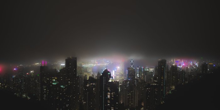 5464x3643 Assorted high-rise buildings, Hong Kong, rear view, neon, mist HD