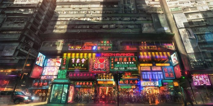 1350x808 apartments, anime, city, neon light - wallpaper #123299 (1350x808px