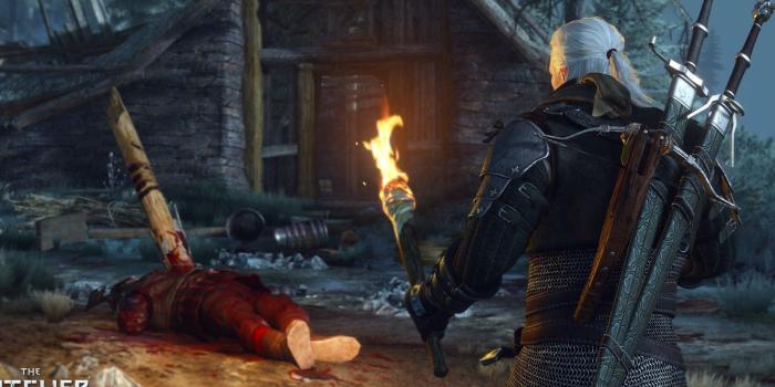 1332x850 Wallpaper torch, swords, the Witcher, the corpse, Geralt, crossbow