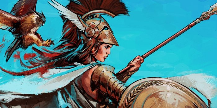 1400x1050 Download wallpaper bird, God, helmet, spear, shield, goddess, Athena