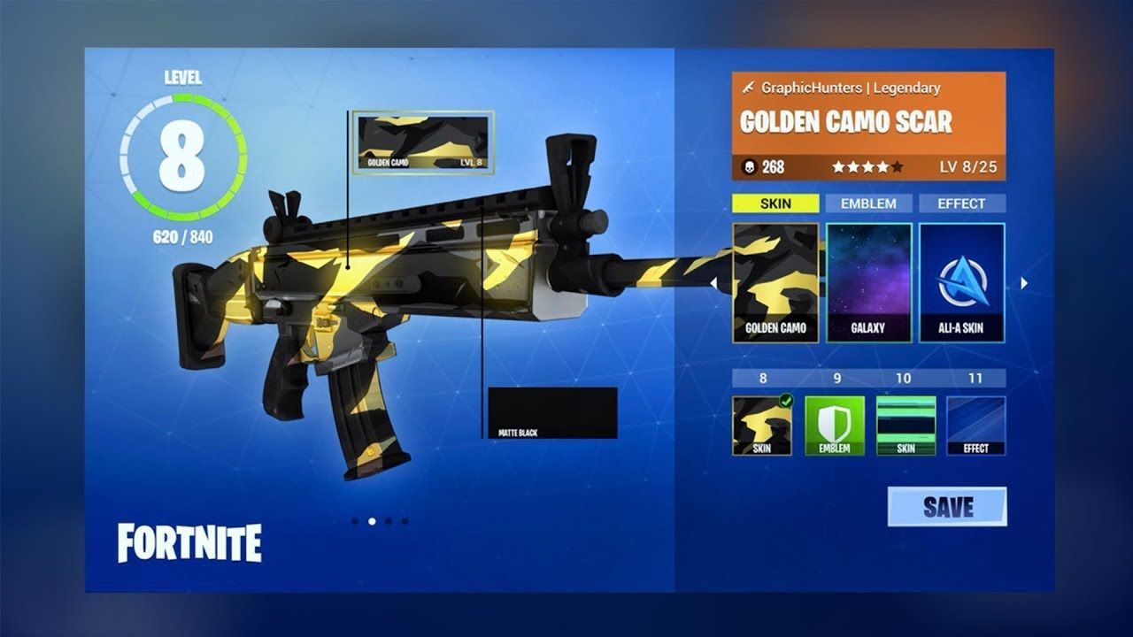 1280x720 NEW FORTNITE WEAPON CUSTOMIZER! ALI A SCAR SKIN! GOLDEN CAMO! GUN