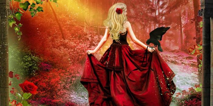 1332x850 Wallpaper leaves, girl, trees, flowers, bird, hair, back, rose