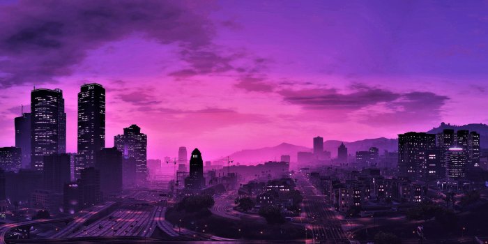 3840x2160 Wallpaper GTA 5, city at night, purple style, skyscrapers 3840x2160