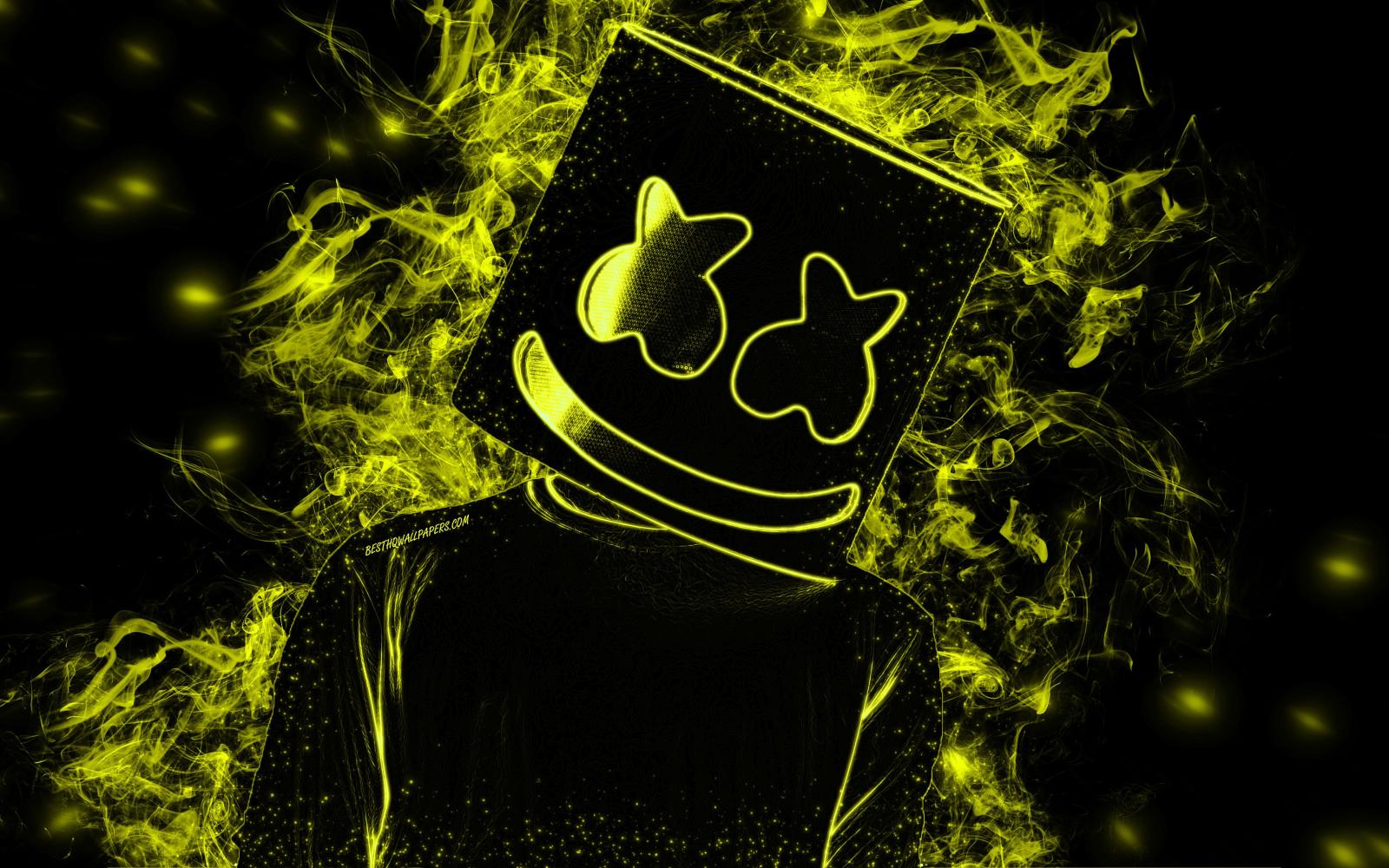 3840x2400 Download wallpapers Marshmello, yellow smoke silhouette, american dj