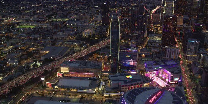 1920x1080 8K stock footage aerial video flying by Staples Center, skyscrapers, and  heavy 110 traffic at twilight, Downtown Los Angeles, California Aerial  Stock