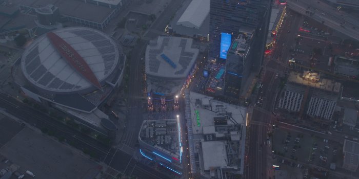 1920x1080 4K stock footage aerial video of a wide shot of Staples Center and Nokia  Theater, Downtown Los Angeles, twilight Aerial Stock Footage AX44_046 |  Axiom