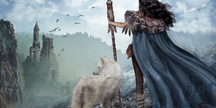 1920x1200 warrior, castle, raven, mountains, wolf, artwork :: Wallpapers