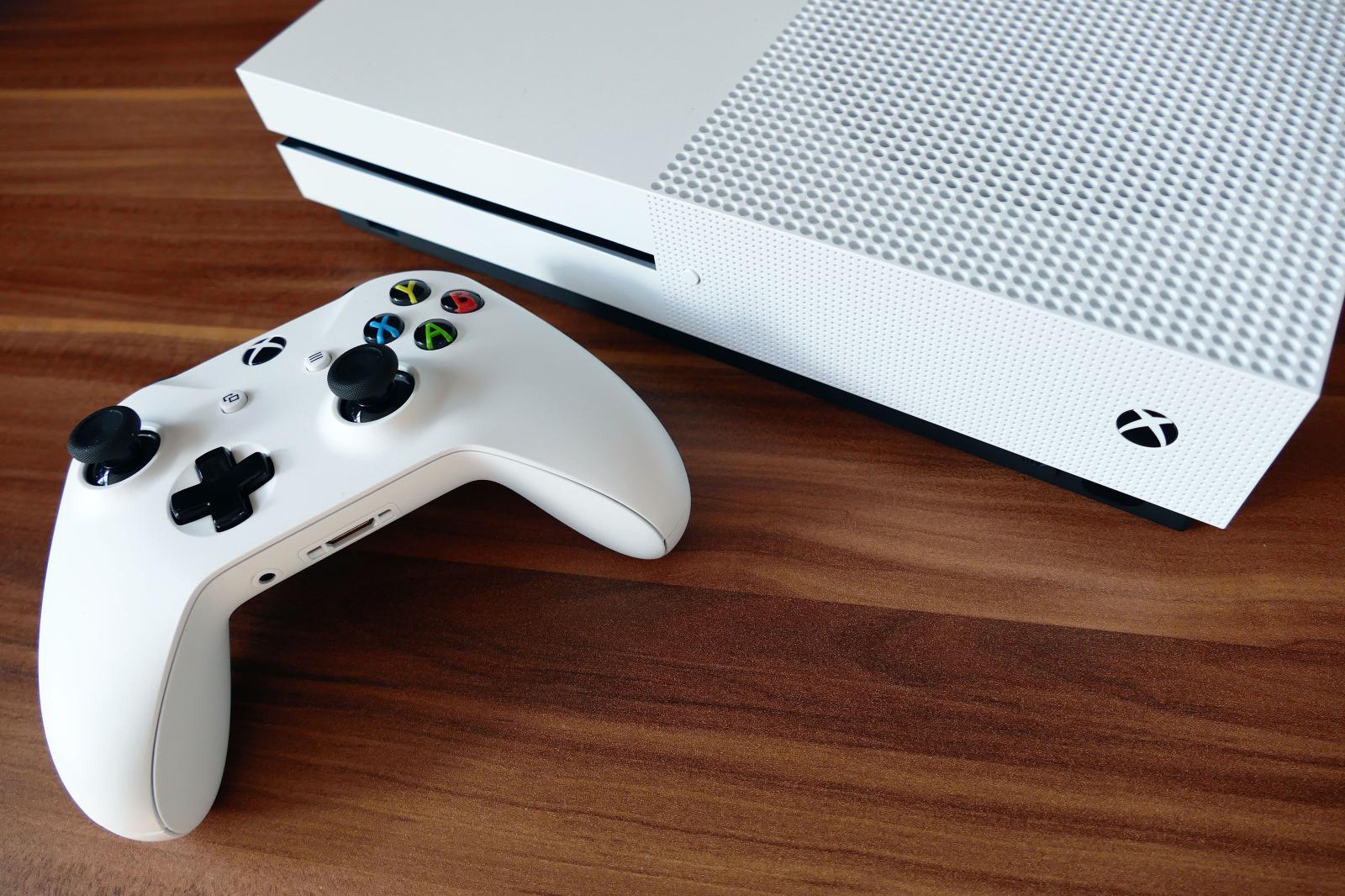 5472x3648 White Xbox One with game pad on brown wooden table top HD wallpaper