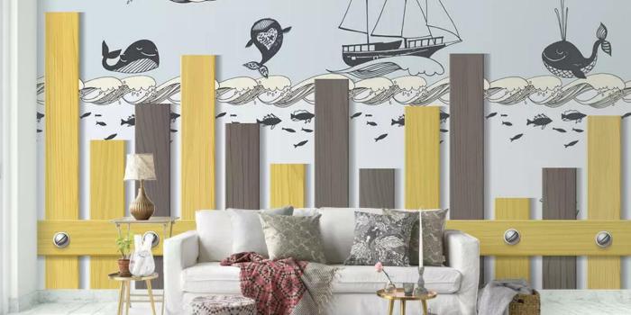 1526x1140 with cheap price to get top brand 3D Fun Dolphins Boat 5 Wall Paper