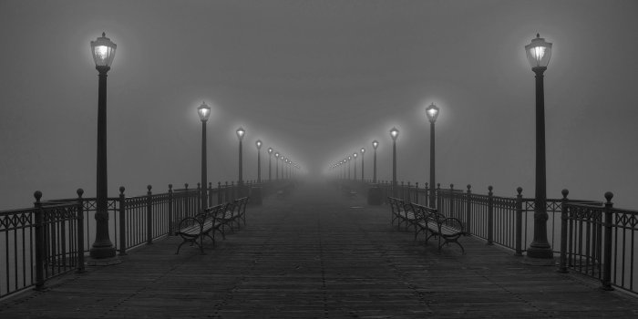 2560x1440 Black And Wallpaper 2560x1440 Black, And, White, Fog, Pier, Lamps