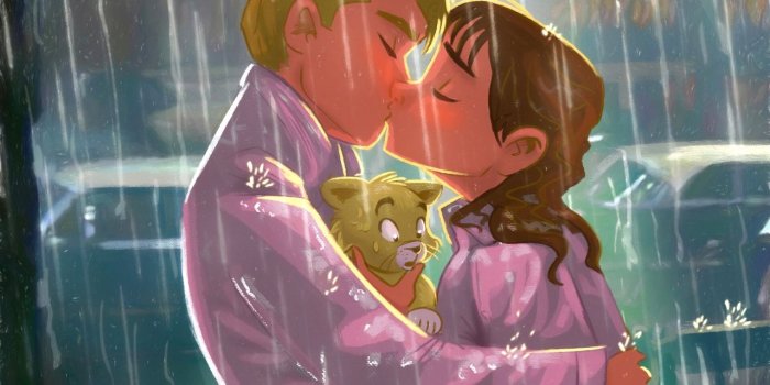 1280x1024 Download wallpaper 1280x1024 kiss, couple, art, love, kitten, rain