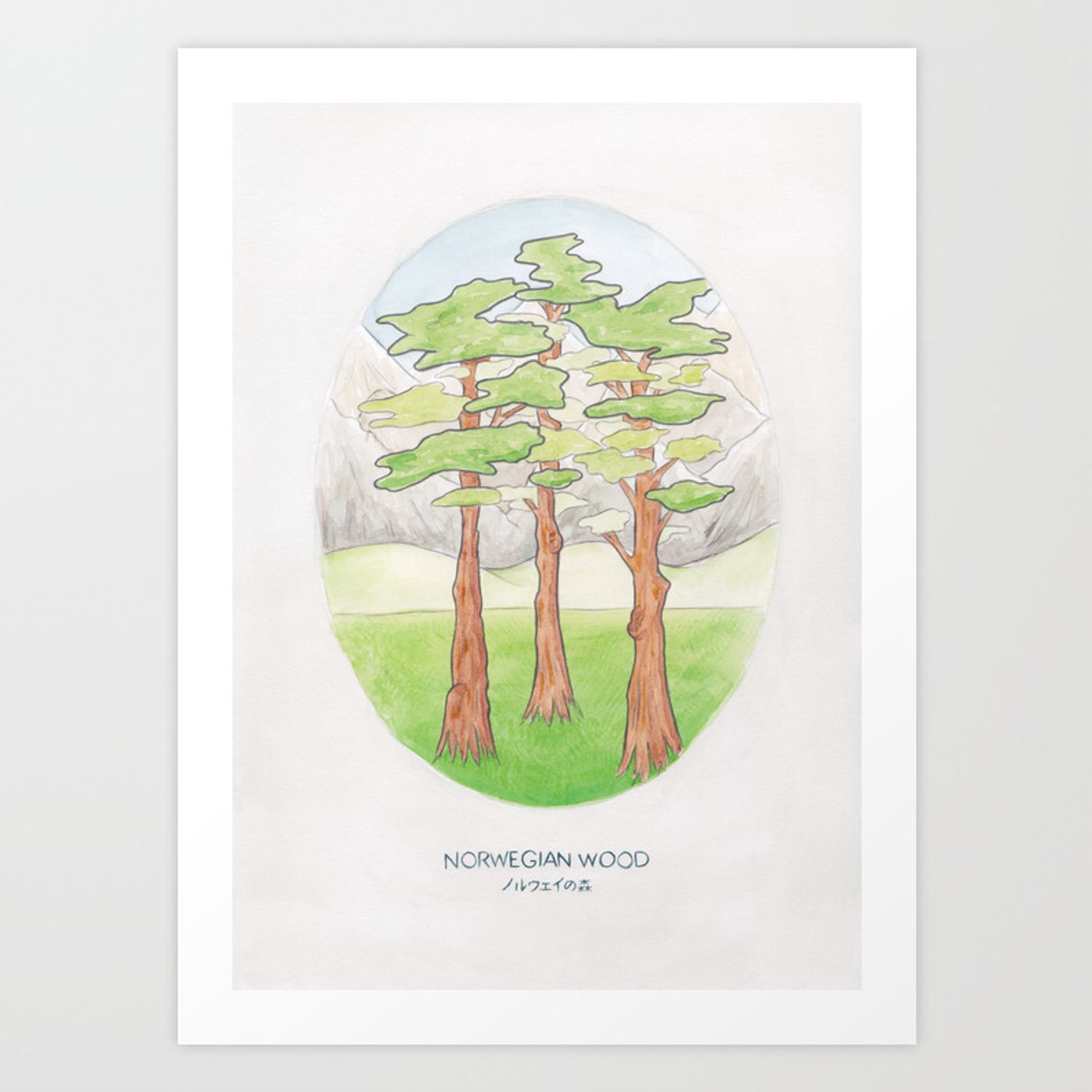 1500x1500 Haruki Murakami's Norwegian Wood // Illustration of a Forest and Mountains  in Pencil Art Print