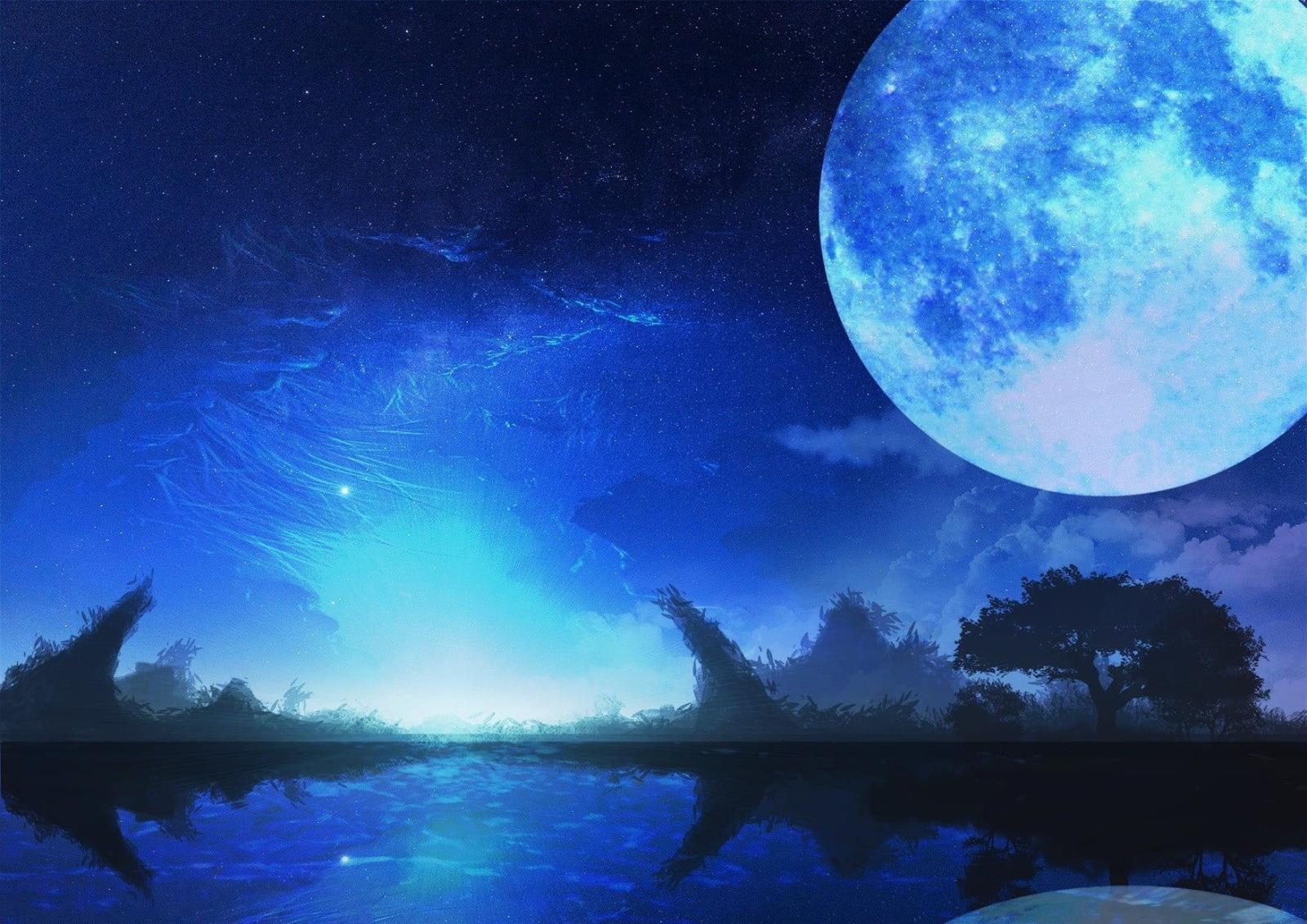 1754x1240 Full moon and lake digital wallpaper, Moon, sky, stars, night HD