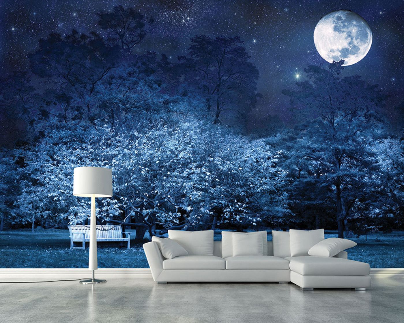1400x1120 White bench under the night full moon and stars, wall mural. Na3591