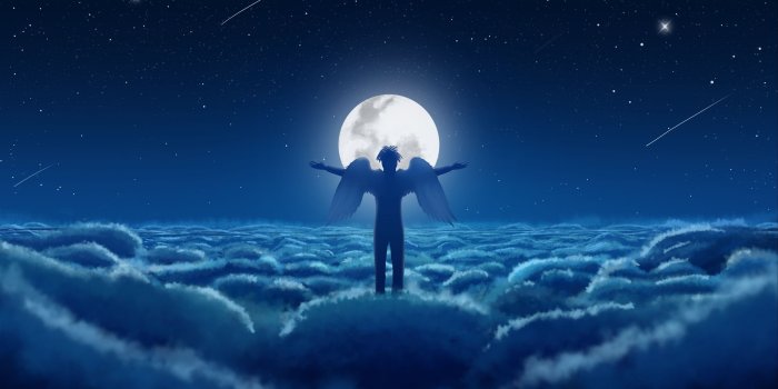 2560x1440 Download wallpaper 2560x1440 angel, sky, wings, moon, clouds