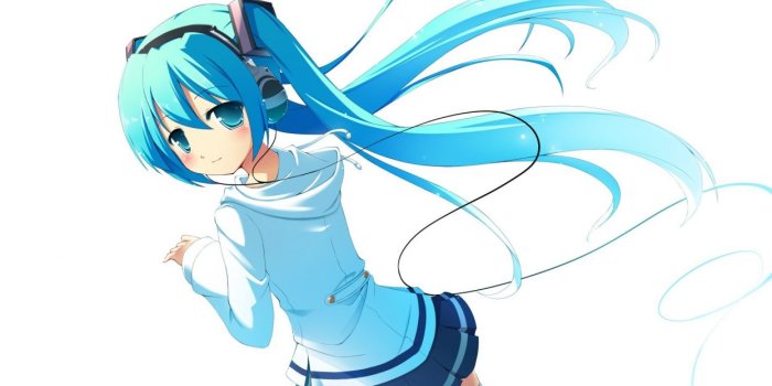 1245x700 Headphones Vocaloid Hatsune Miku thigh highs twintails aqua eyes