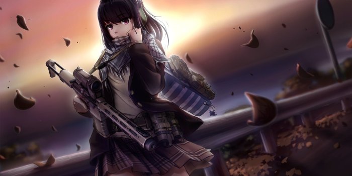 2428x1366 HD wallpaper: girl animated character holding rifle gun wallpaper