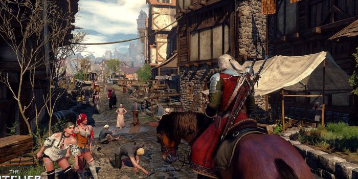 1332x850 Wallpaper the city, horse, the Witcher, horse, Geralt of Rivia, The