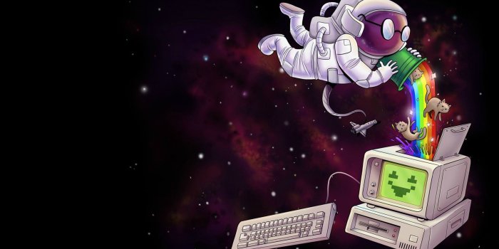 1920x1080 Astronaut gathering nyan cats in a computer wallpaper - Funny