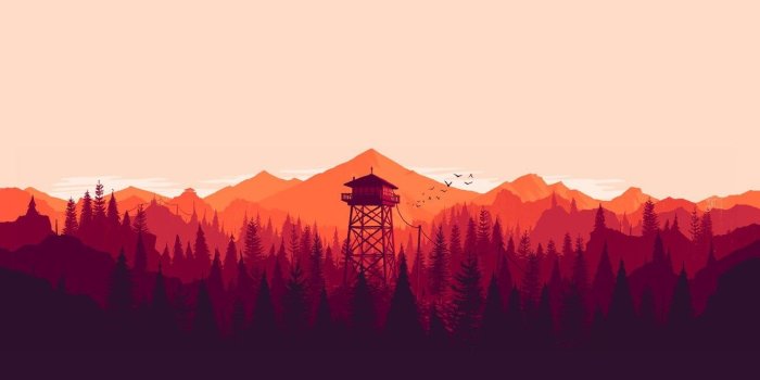 1332x850 Wallpaper forest, sunset, mountains, birds, tower, the long dark