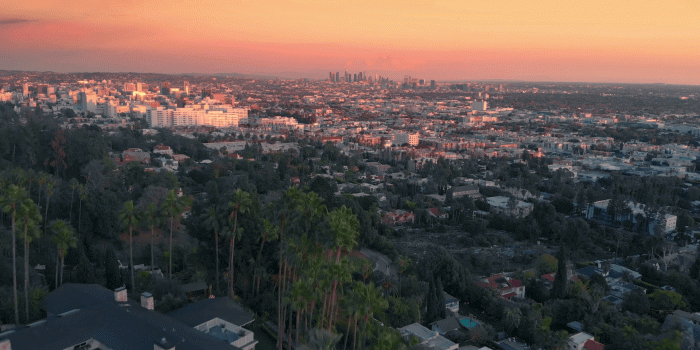 1920x1080 Aerial city view of Los Angeles at sunset, flying from Hollywood Hills  towards downtown LA skyline. 4K UHD. Stock Video Footage - Storyblocks Video