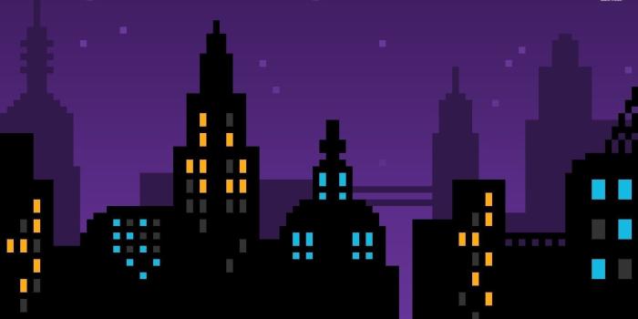 1920x1080 pixel art, Pixels, Purple, Skyline, Cityscape, City, Blue, Yellow